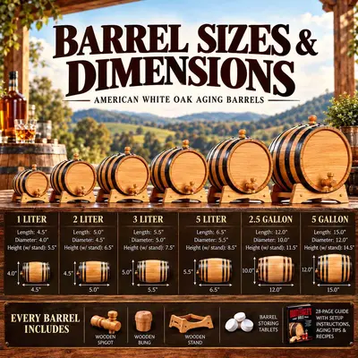 Thousand Oaks Barrel Co. American white oak whiskey aging barrel size and dimension chart comparing 1, 2, 3, and 5 liter, 2.5 gallon, and 5 gallon barrels, with measurements and included wooden spigot, bung, stand, and barrel aging guide.