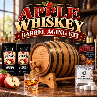 Apple Whiskey barrel aging kit with American white oak barrel and apple infusion essence for crafting apple flavored whiskey at home.