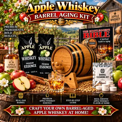 Apple Whiskey barrel aging kit with American white oak barrel and apple infusion essence for crafting apple flavored whiskey at home.