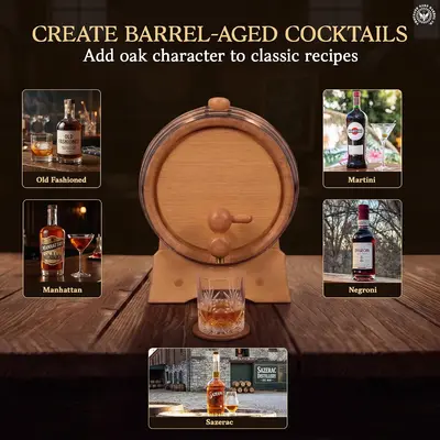 Examples of five barrel-aged cocktails: Old Fashioned, Manhattan, Negroni, Martini, and Sazerac.