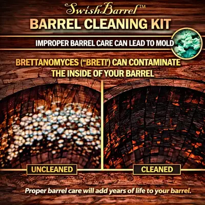 Uncleaned vs cleaned oak barrel interior showing brettanomyces contamination and mold compared to properly cleaned charred barrel surface for better aging results