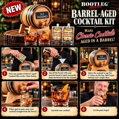 Bootleg Brand™ Barrel-Aged Cocktail Kit showing how to make Old Fashioned and Manhattan cocktails in a 2-liter oak barrel, from mixing and aging to pouring and serving.