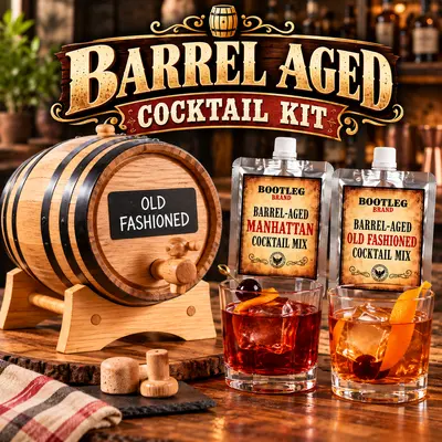 Bootleg Brand Barrel-Aged Cocktail Kit with oak aging barrel, Old Fashioned and Manhattan cocktail mixes, stand, bung, spigot and finished cocktails.