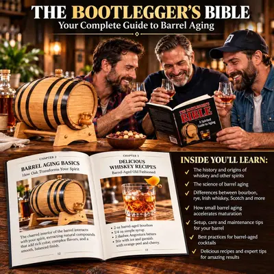 The Bootlegger's Bible whiskey barrel aging guide featuring setup instructions, oak aging techniques, barrel care tips and cocktail recipes, shown with a small American oak whiskey barrel and friends enjoying whiskey.