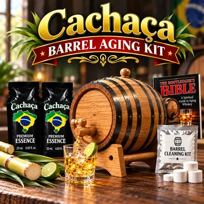 Brazilian Cachaça barrel aging kit with oak barrel, sugarcane stalks, premium essence packets, and aged spirit glass ready to pour.