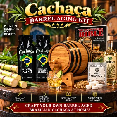 Brazilian Cachaça barrel aging kit with oak barrel, sugarcane stalks, premium essence packets, and aged spirit glass ready to pour.