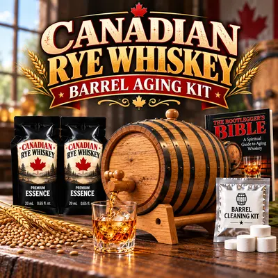 Canadian rye whisky barrel aging kit with oak barrel, Canadian rye essence packets, Bootlegger’s Bible aging guide, barrel cleaning kit, whisky glass, and Canadian-themed accessories for aging whisky at home.