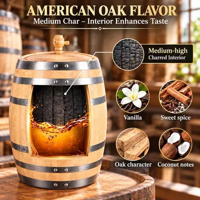 American oak barrel with medium-high char that adds vanilla, sweet spice, oak, and coconut notes.