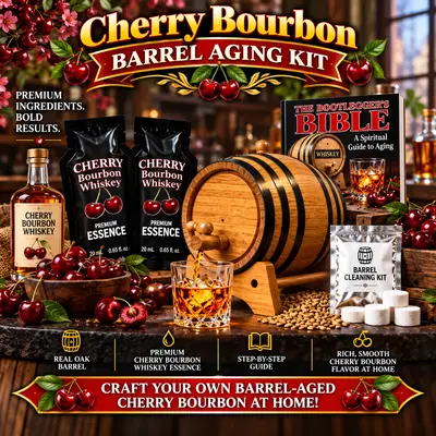 Cherry bourbon barrel aging kit with real oak barrel, two premium cherry bourbon whiskey essence packets, Bootlegger’s Bible aging guide, barrel cleaning kit, bourbon glass and fresh cherries for aging cherry bourbon at home.