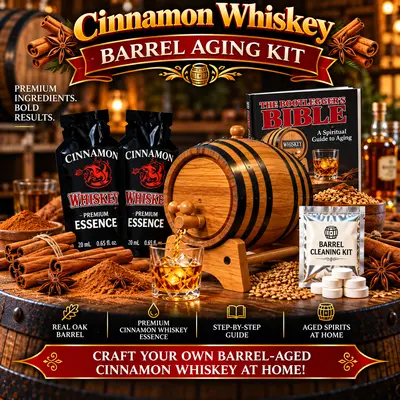 Cinnamon whiskey barrel aging kit with real oak barrel, two premium cinnamon whiskey essence packets, Bootlegger’s Bible aging guide, barrel cleaning kit, whiskey glass, cinnamon sticks and spices for aging whiskey at home.