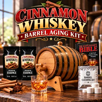 Cinnamon whiskey barrel aging kit with real oak barrel, two premium cinnamon whiskey essence packets, Bootlegger’s Bible aging guide, barrel cleaning kit, whiskey glass, cinnamon sticks and spices for aging whiskey at home.