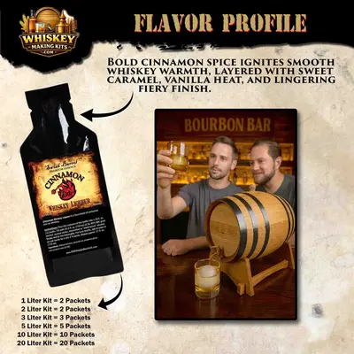 Cinnamon whiskey essence packet for making rich, spicy cinnamon-flavored whiskey at home with an oak barrel aging kit.