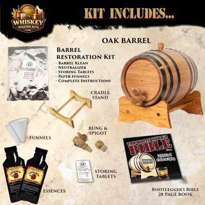 Cinnamon whiskey barrel aging kit includes a real oak barrel, two cinnamon whiskey essence packets, Bootlegger’s Bible aging guide, barrel cleaning kit, stand, bung and spigot for aging cinnamon whiskey at home.