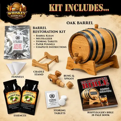 Coconut Rum barrel aging kit includes a real oak barrel, two Coconut Rum essence packets, barrel restoration kit, paper funnels, cradle stand, bung and spigot, storing tablets, and Bootlegger’s Bible aging guide.