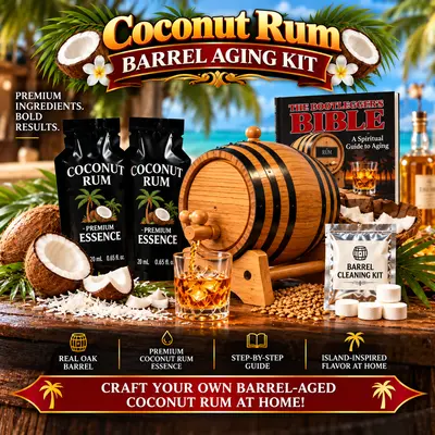 Coconut rum barrel aging kit with real oak barrel, two premium coconut rum essence packets, Bootlegger’s Bible aging guide, barrel cleaning kit, rum glass, coconuts and tropical accents for aging coconut rum at home.