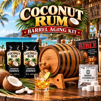 Coconut rum barrel aging kit with real oak barrel, two premium coconut rum essence packets, Bootlegger’s Bible aging guide, barrel cleaning kit, rum glass, coconuts and tropical accents for aging coconut rum at home.