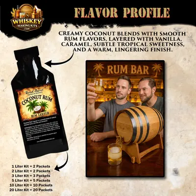 Coconut Rum essence flavor profile featuring creamy coconut, vanilla, caramel and tropical sweetness, with an oak aging barrel and rum bar setting.