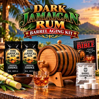 Premium Dark Jamaican Rum barrel aging kit with real American oak barrel, essence packets and glass of aged rum.