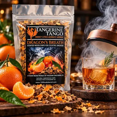 Dragon's Breath Tangerine Tango scented wood chips infused with tangerine oil for cocktail smokers, displayed with fresh citrus, aromatic wood chips, and a smoking whiskey cocktail. Adds bright citrus aroma and rich smoky character to bourbon, whiskey, and craft cocktails.