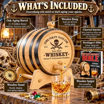 Personalized Drunkin Sailor whiskey aging barrel kit with American white oak barrel, black steel hoops, wooden stand, bung, spigot, and Bootlegger's Bible guide.