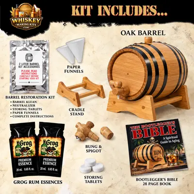 Grog rum barrel aging kit includes a real oak barrel, two premium grog rum essence packets, barrel restoration kit, paper funnels, cradle stand, bung and spigot, storing tablets, and Bootlegger’s Bible aging guide.