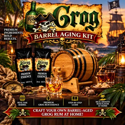 Grog rum barrel aging kit with real oak barrel, two premium grog rum essence packets, whiskey glass, pirate-themed accessories and aging guide for crafting barrel-aged grog rum at home.