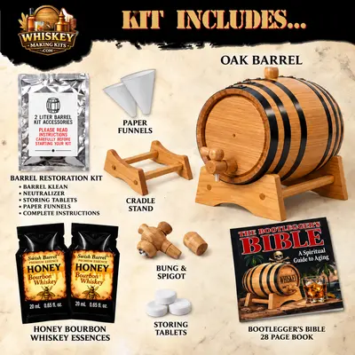 Honey bourbon whiskey barrel aging kit includes a real oak barrel, two honey bourbon whiskey essence packets, barrel restoration kit, paper funnels, cradle stand, bung and spigot, storing tablets, and Bootlegger’s Bible aging guide.