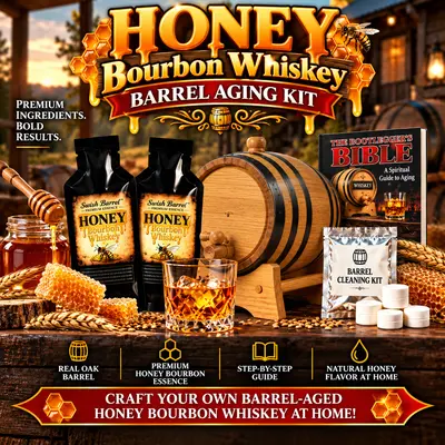 Honey bourbon whiskey barrel aging kit with real oak barrel, two premium honey bourbon essence packets, Bootlegger’s Bible aging guide, barrel cleaning kit, bourbon glass and honeycomb for aging honey bourbon whiskey at home.