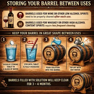 Step-by-step guide on how to store an oak barrel between uses using cleaning tablets, water solution and hot water to maintain barrel condition for 3 to 4 months