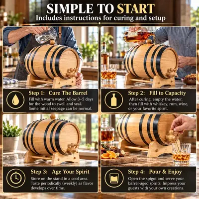Four-step guide to using a small oak whiskey aging barrel: cure the barrel with water, fill with whiskey or bourbon, allow the spirit to age, then pour from the wooden spigot and enjoy.