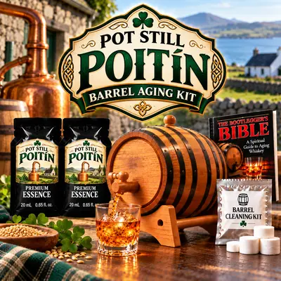 Pot Still Poitín barrel aging kit with real oak barrel, premium Poitín essence, Irish-inspired accessories and whiskey glasses for crafting barrel-aged Poitín-style spirits at home.