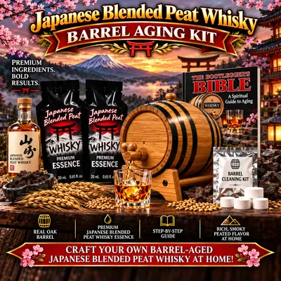 Japanese Blended Peat Whisky barrel aging kit with American white oak barrel and peated whisky essence for crafting smoky whisky at home.