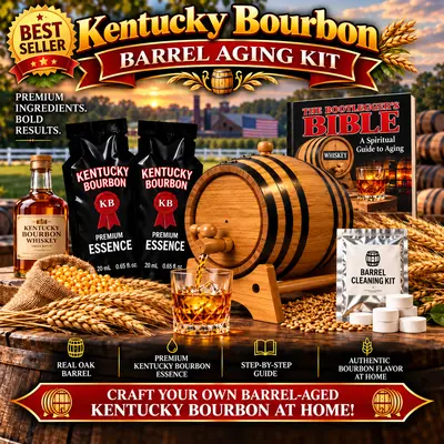 Kentucky Bourbon barrel aging kit hero image featuring charred oak barrel, bourbon essence pouches, glass of bourbon, grains, and complete home whiskey gift set
