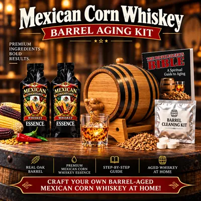 Mexican Corn Whiskey barrel aging kit with American oak barrel, whiskey essence packets, glass of whiskey on ice and cultural heritage backdrop