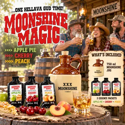 Moonshine Magic DIY moonshine making kit featuring a reusable 750 mL ceramic moonshine jug, Apple Pie, Cherry, and Peach flavor essence packets, and a whiskey cocktail. Rustic outdoor setting with smiling friends enjoying homemade moonshine-style drinks.