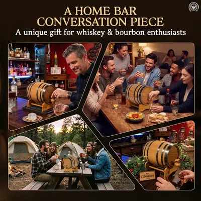 Small oak aging barrel with examples of Old Fashioned, Manhattan, Martini, Negroni, and Sazerac cocktails.