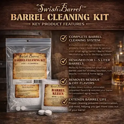 Swish Barrel Cleaning Kit key features showing complete oak barrel cleaning system for 1 to 5 liter barrels, removes residue and off flavors and extends barrel life