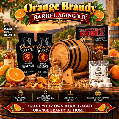 Orange brandy barrel aging kit with real oak barrel, two premium orange brandy essence packets, Bootlegger’s Bible aging guide, barrel cleaning kit, brandy glass and fresh oranges for aging brandy at home.