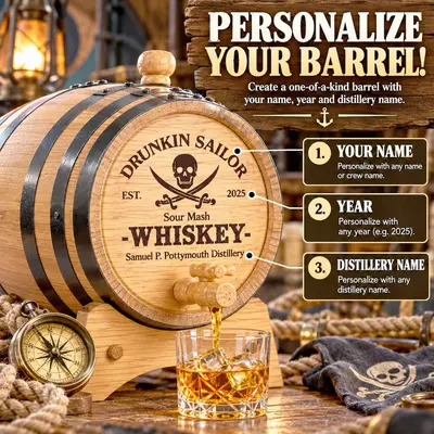 Custom engraved Drunkin Sailor whiskey barrel featuring a pirate skull and crossed swords design, personalized name, year, and Samuel P. Pottymouth Distillery engraving.