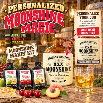 Personalized Moonshine Magic kit customization guide showing how to add a custom name to a ceramic moonshine jug. Features Johnny Smith's XXX Moonshine design, three flavor essence packets in Apple Pie, Cherry, and Peach, and a personalized jug preview.