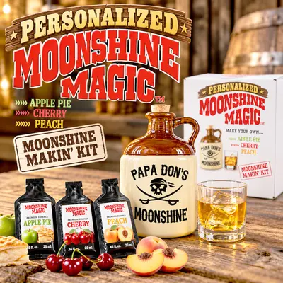 Personalized Moonshine Magic DIY moonshine making kit featuring a custom Papa Don's Moonshine ceramic jug with pirate skull design, three premium flavor essences in Apple Pie, Cherry, and Peach, branded gift box, and whiskey glass in a rustic home bar setting.