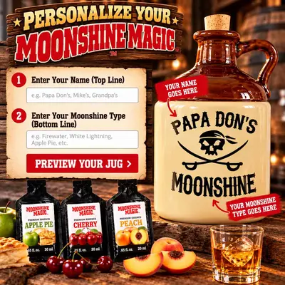 Personalized Moonshine Magic DIY moonshine making kit customization guide showing two custom text fields for name and moonshine type on a ceramic jug. Features Papa Don's Moonshine design with pirate skull artwork and Apple Pie, Cherry, and Peach flavor essences.