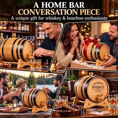 Personalized American white oak whiskey aging barrels with black steel hoops and wooden spigots, featured in home bar entertaining, bourbon tasting with friends, and custom whiskey barrel gift-giving scenes.