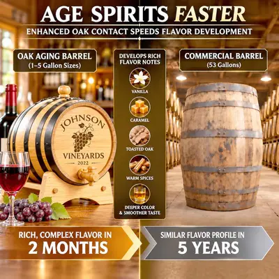 This targets personalized oak barrels, wine aging, small barrel aging, and flavor development while accurately describing the image.