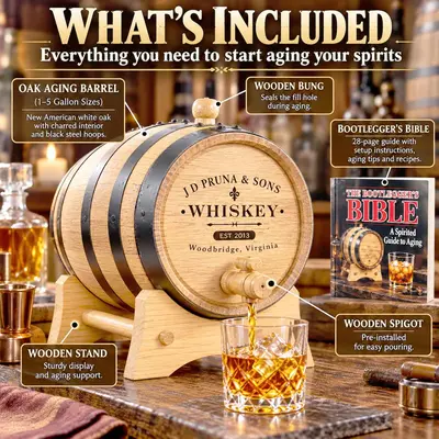 J.D. Pruna & Sons personalized American white oak whiskey aging barrel with charred interior, black steel hoops, wooden stand, bung, spigot, and Bootlegger's Bible aging guide.