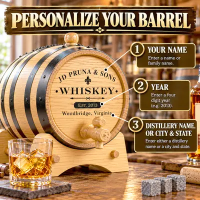 J.D. Pruna & Sons personalized whiskey barrel showing three custom engraving options: family name, four-digit established year, and choice of distillery name or city and state.