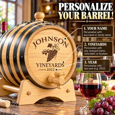 Custom engraved American white oak wine aging barrel featuring Johnson Vineyards grape design, with personalized name, vineyard name and established year.