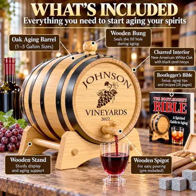 Johnson Vineyards custom engraved wine aging barrel kit showing charred American white oak barrel, black steel hoops, wooden stand, bung, spigot and 28-page Bootlegger's Bible guide.