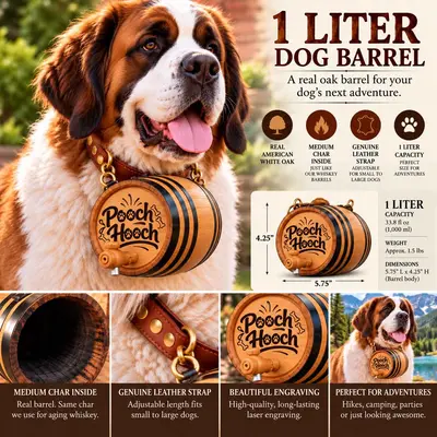 Pooch Hooch 1-liter American white oak dog barrel on a Saint Bernard, showing medium-charred interior, genuine leather strap, engraving and barrel dimensions.
