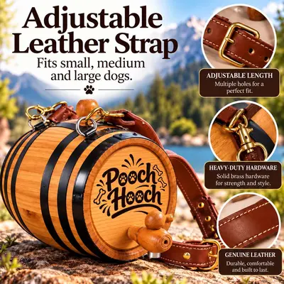 Pooch Hooch oak dog barrel with adjustable genuine leather carrying strap, brass buckle, heavy-duty metal clips, black hoops and wooden spigot.